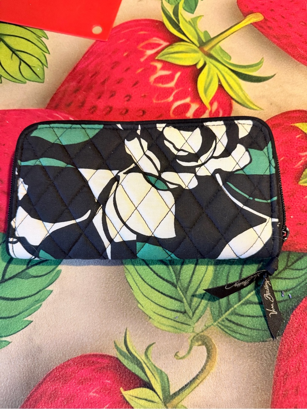 Vera Bradley Black White and Teal Floral Quilted Zip Wallet